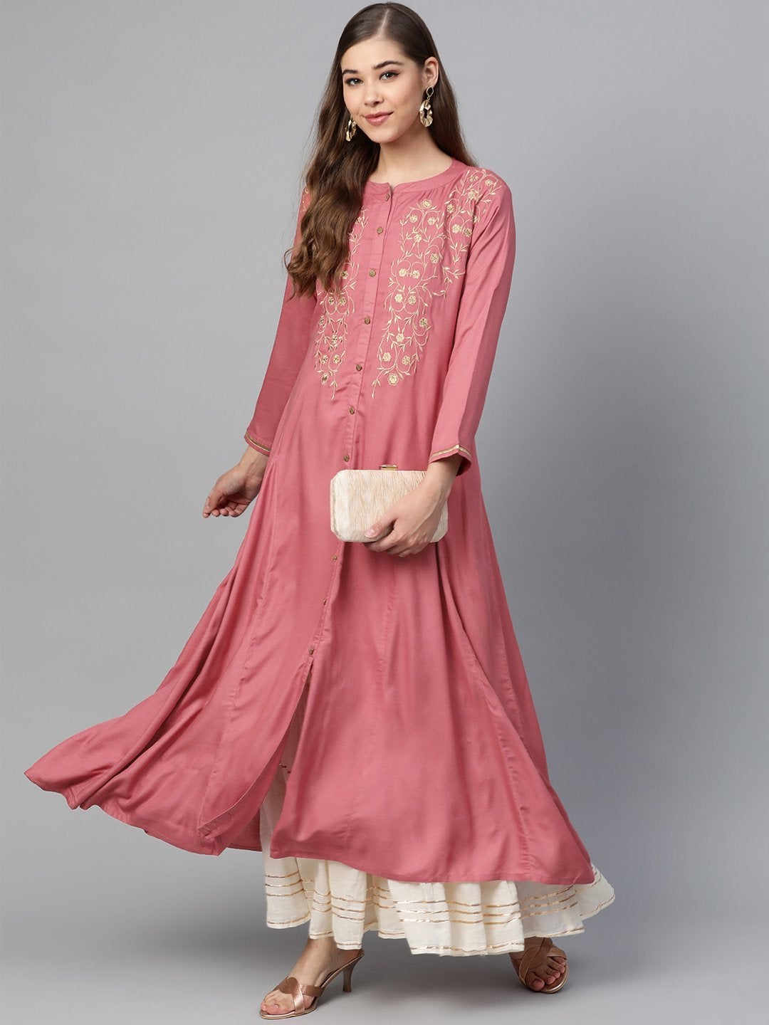Women's Pink Zari Embroidery Front Open A-Line Kurta - SHAE