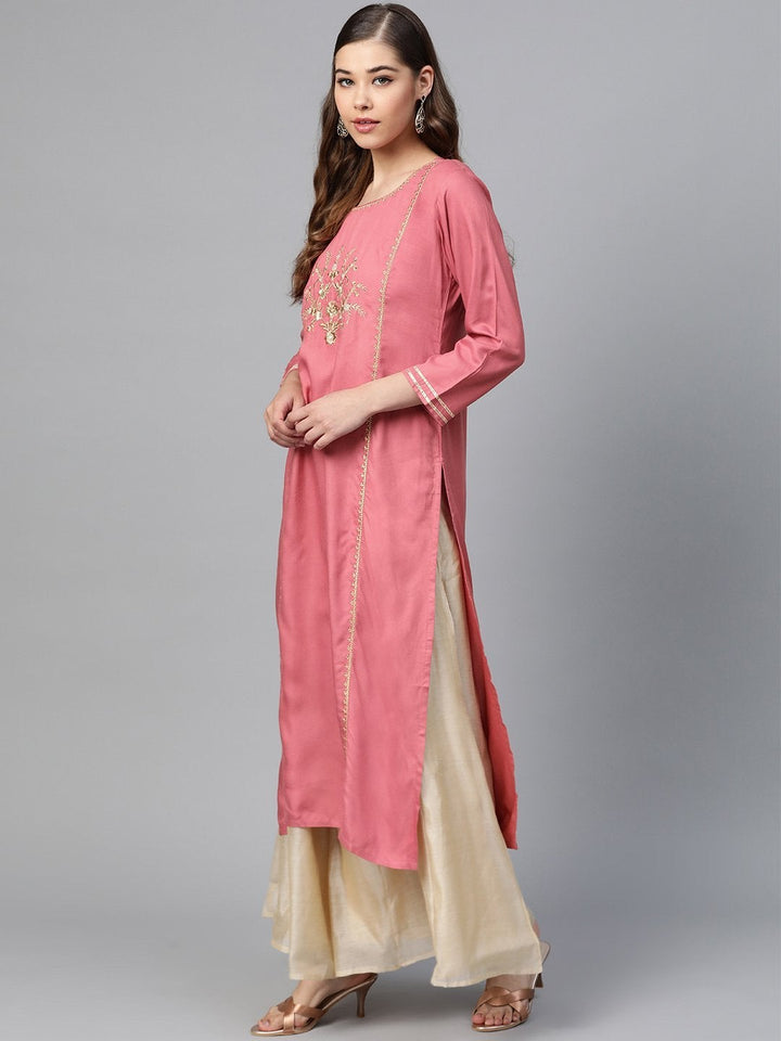 Women's Pink Front Panel Zari Embroidery Kurta - SHAE