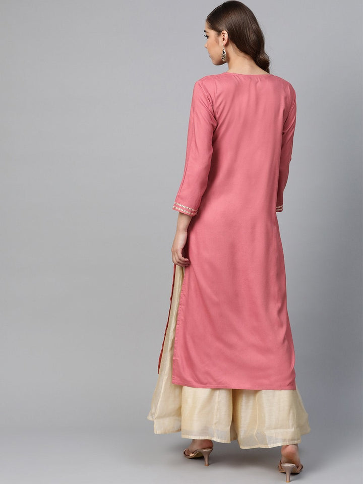 Women's Pink Front Panel Zari Embroidery Kurta - SHAE