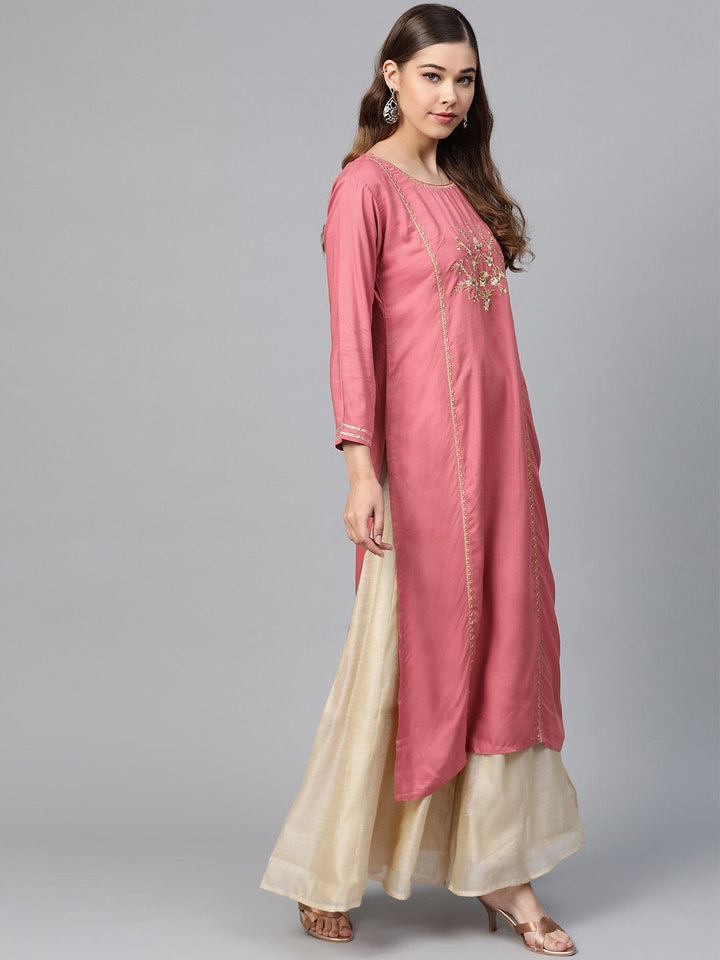 Women's Pink Front Panel Zari Embroidery Kurta - SHAE