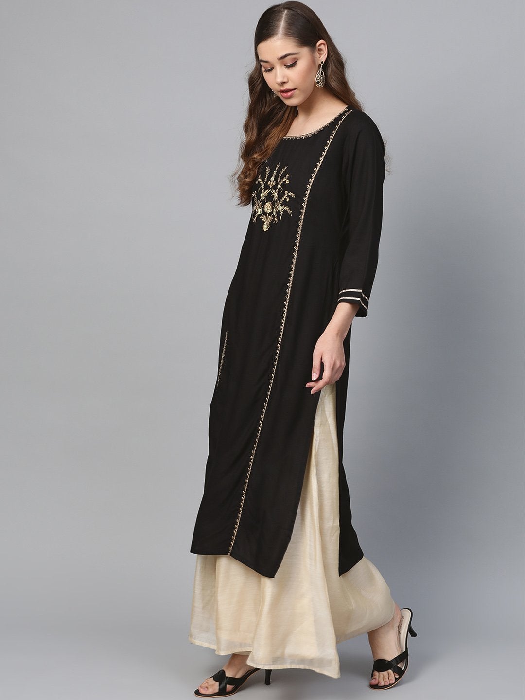 Women's Black Front Panel Zari Embroidery Kurta - SHAE