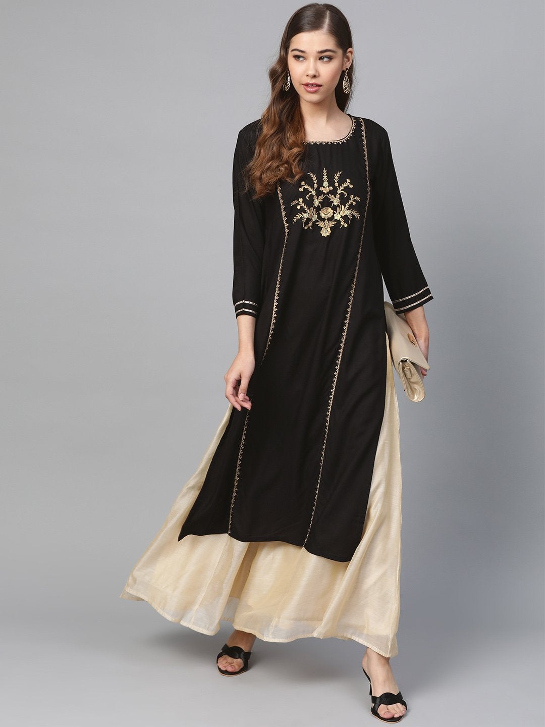 Women's Black Front Panel Zari Embroidery Kurta - SHAE