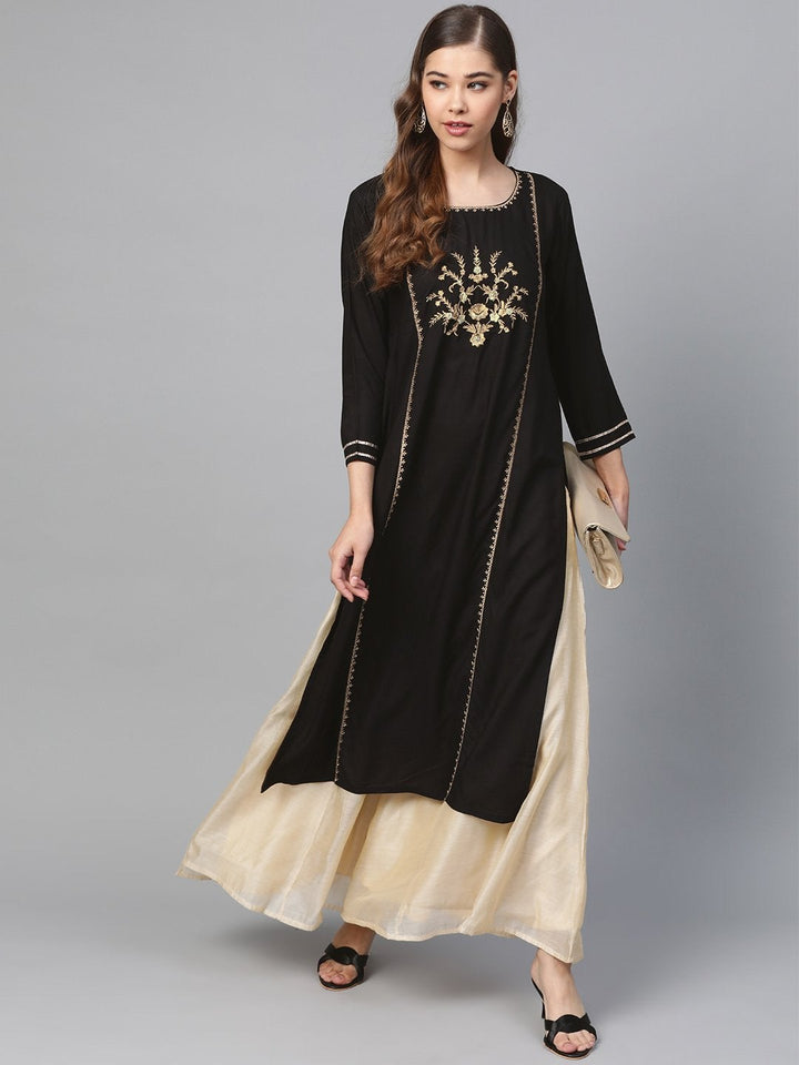 Women's Black Front Panel Zari Embroidery Kurta - SHAE
