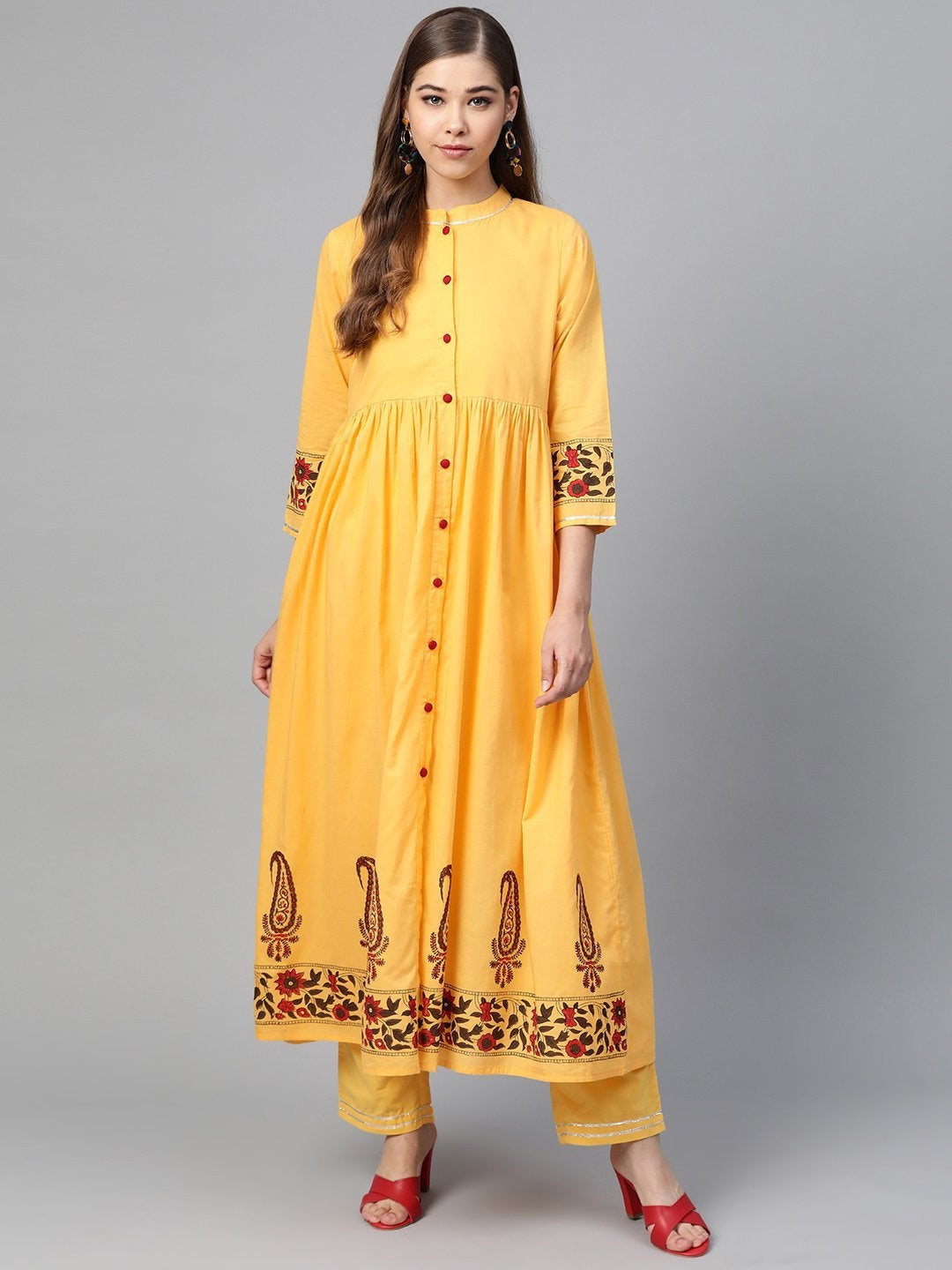 Women's Yellow Border Block Print Front Button Kurta - SHAE