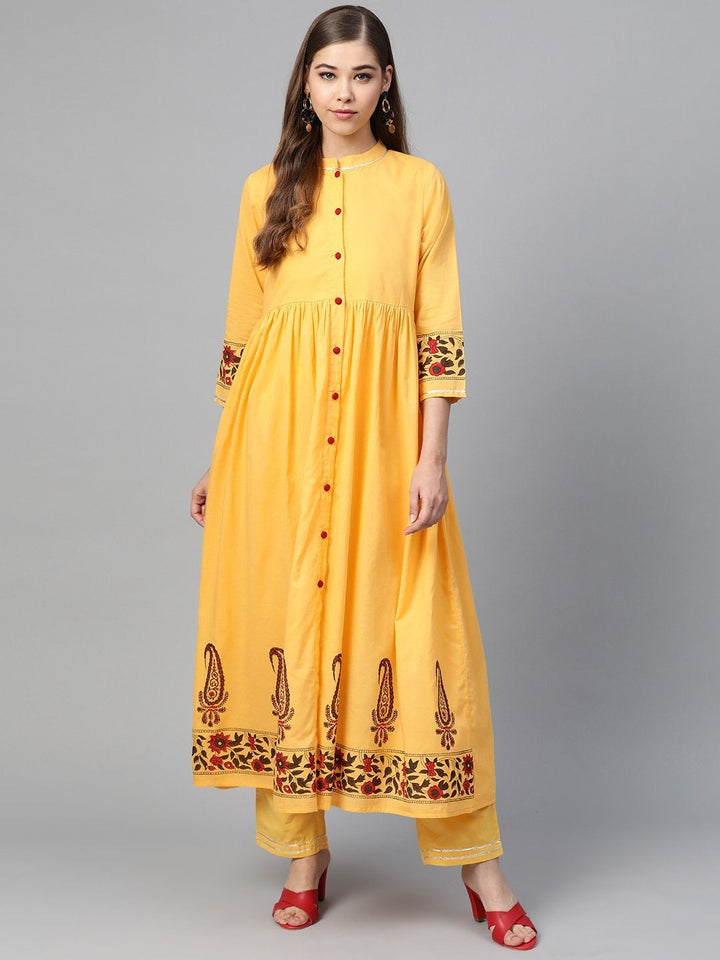 Women's Yellow Border Block Print Front Button Kurta - SHAE