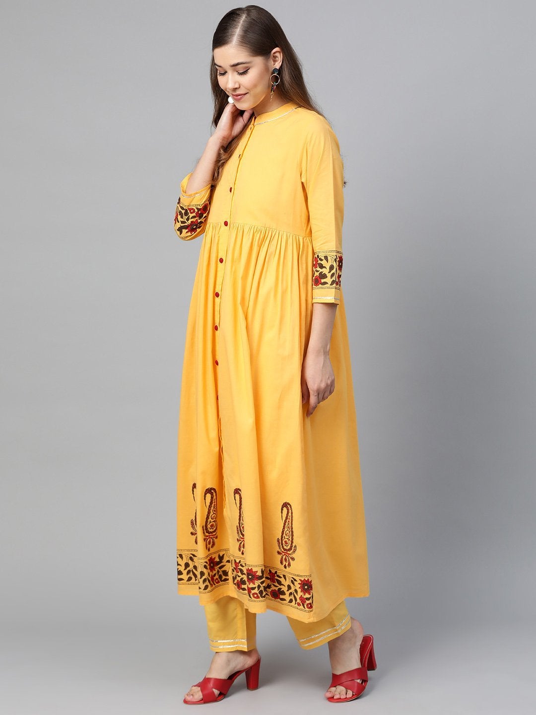 Women's Yellow Border Block Print Front Button Kurta - SHAE
