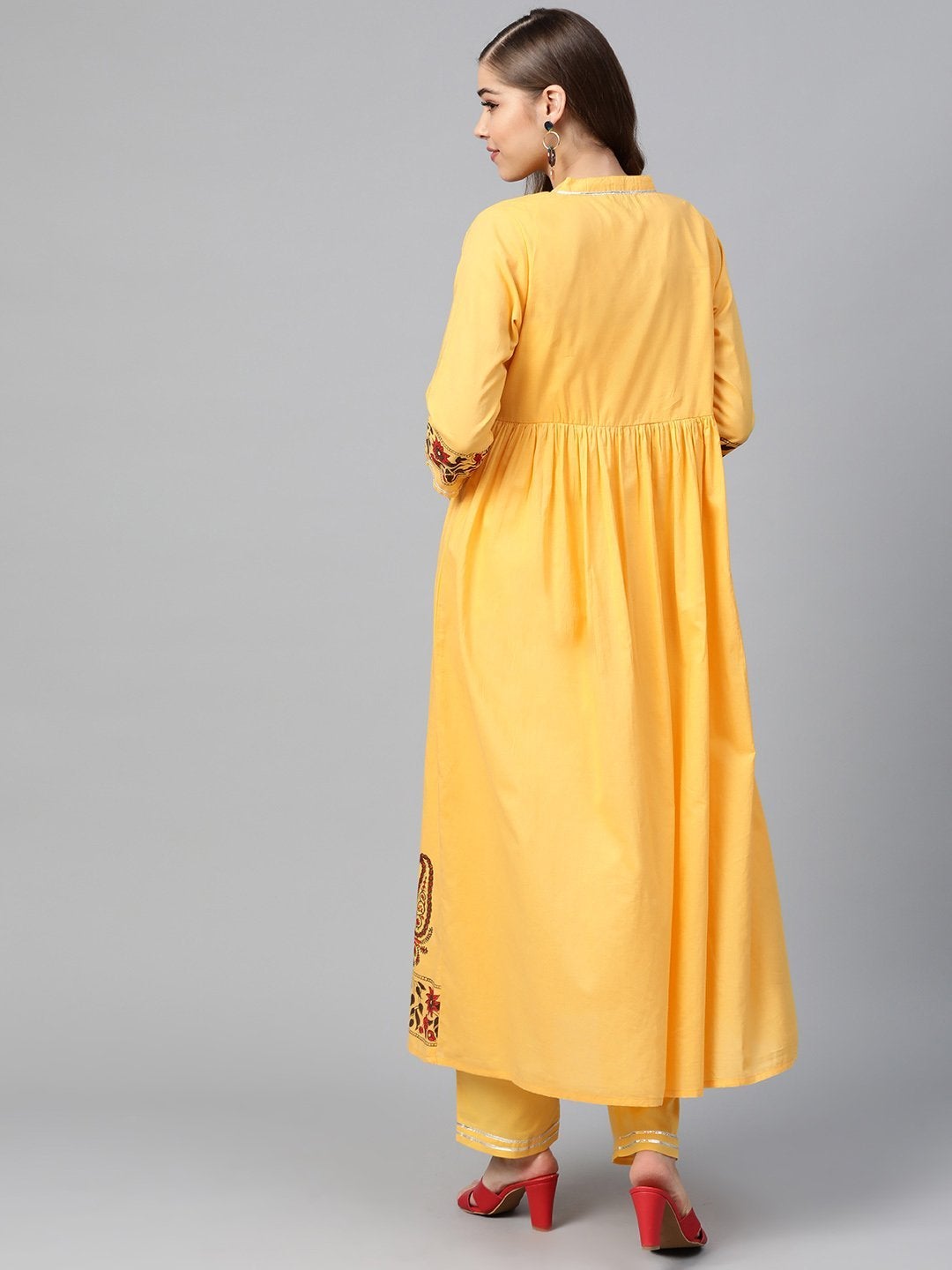 Women's Yellow Border Block Print Front Button Kurta - SHAE