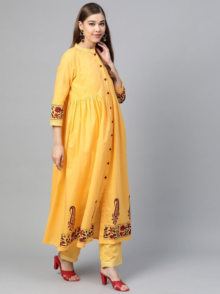 Women's Yellow Border Block Print Front Button Kurta - SHAE
