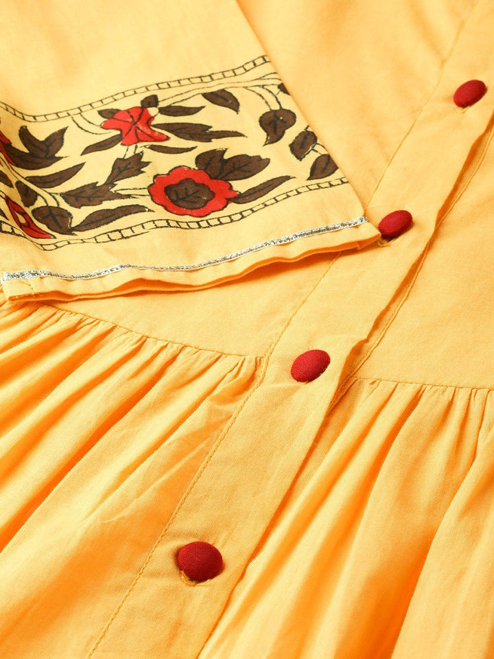 Women's Yellow Border Block Print Front Button Kurta - SHAE
