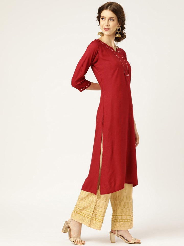 Women's Maroon Lace Detail Straight Kurta - SHAE