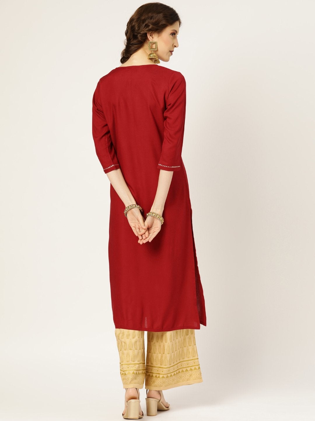 Women's Maroon Lace Detail Straight Kurta - SHAE