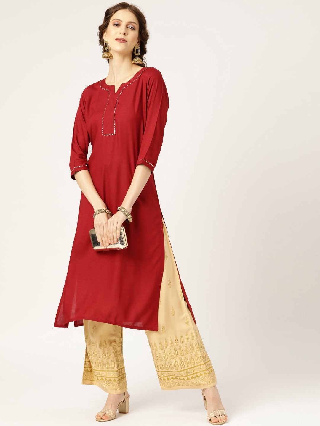 Women's Maroon Lace Detail Straight Kurta - SHAE