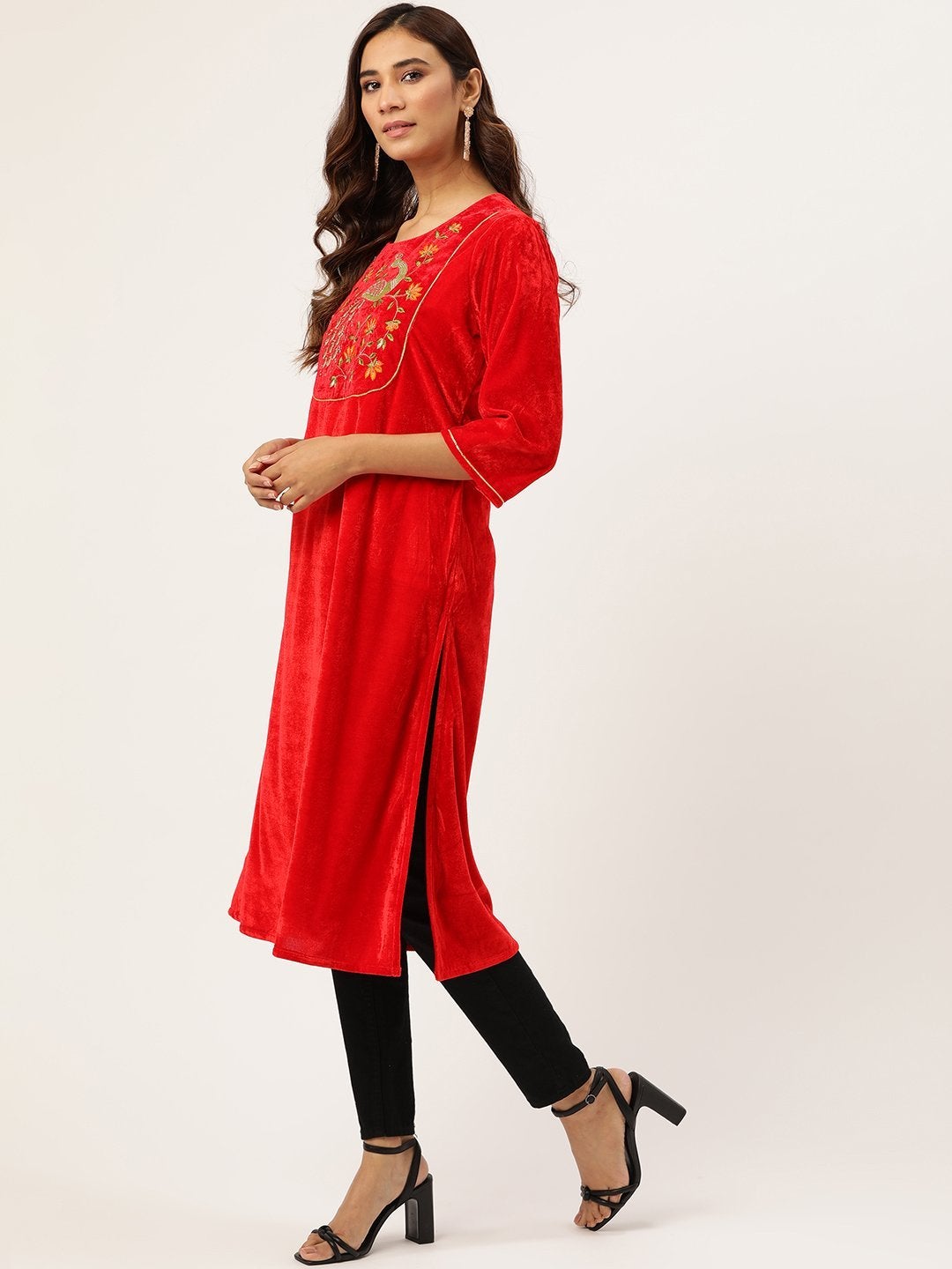 Women's Red Peacock Zari Embroidered Kurta - SHAE