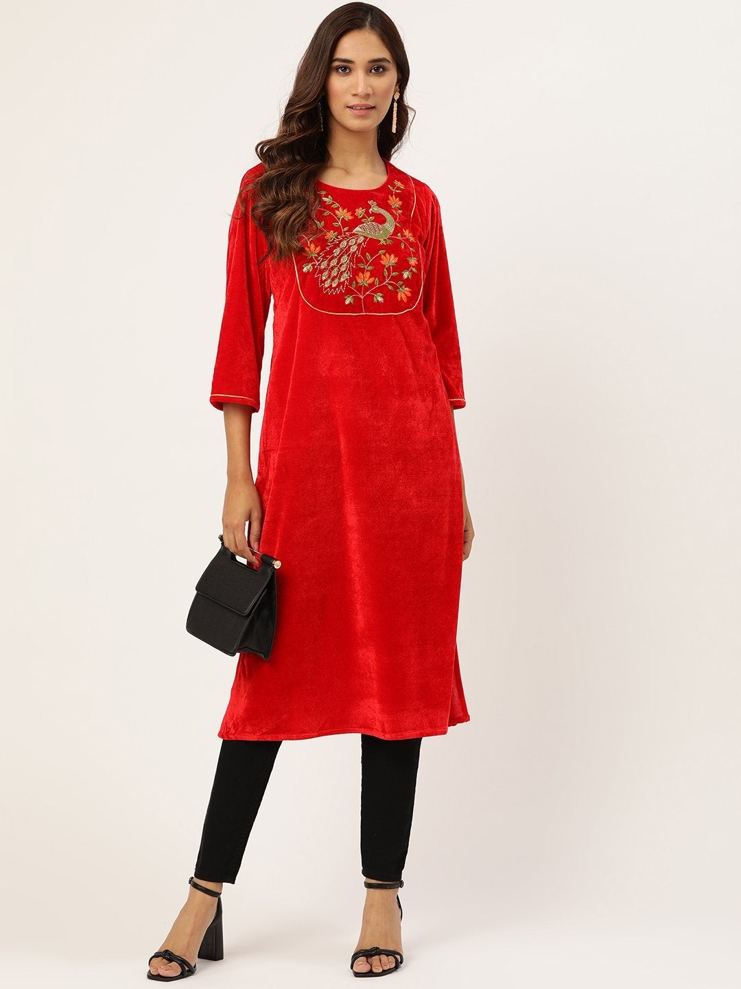 Women's Red Peacock Zari Embroidered Kurta - SHAE