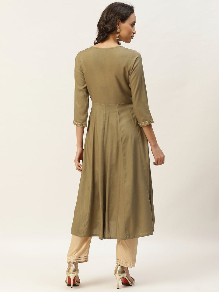 Women's Olive Zari Neck Embroidery Anarkali Kurta - SHAE
