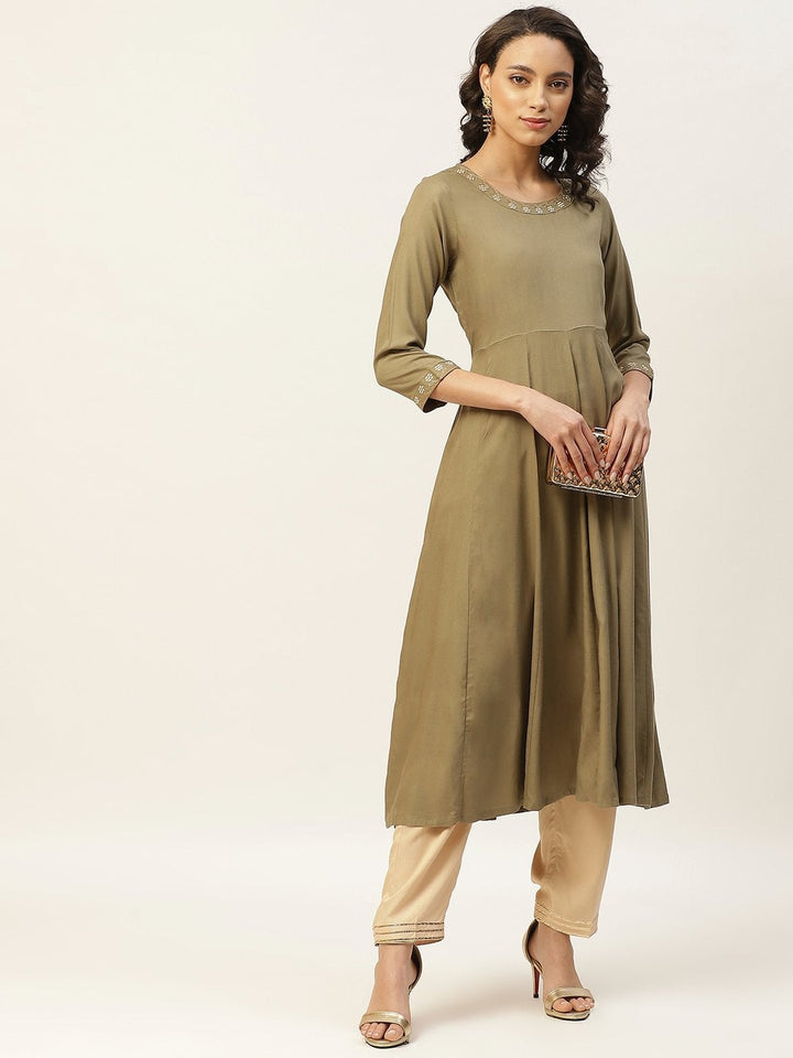 Women's Olive Zari Neck Embroidery Anarkali Kurta - SHAE