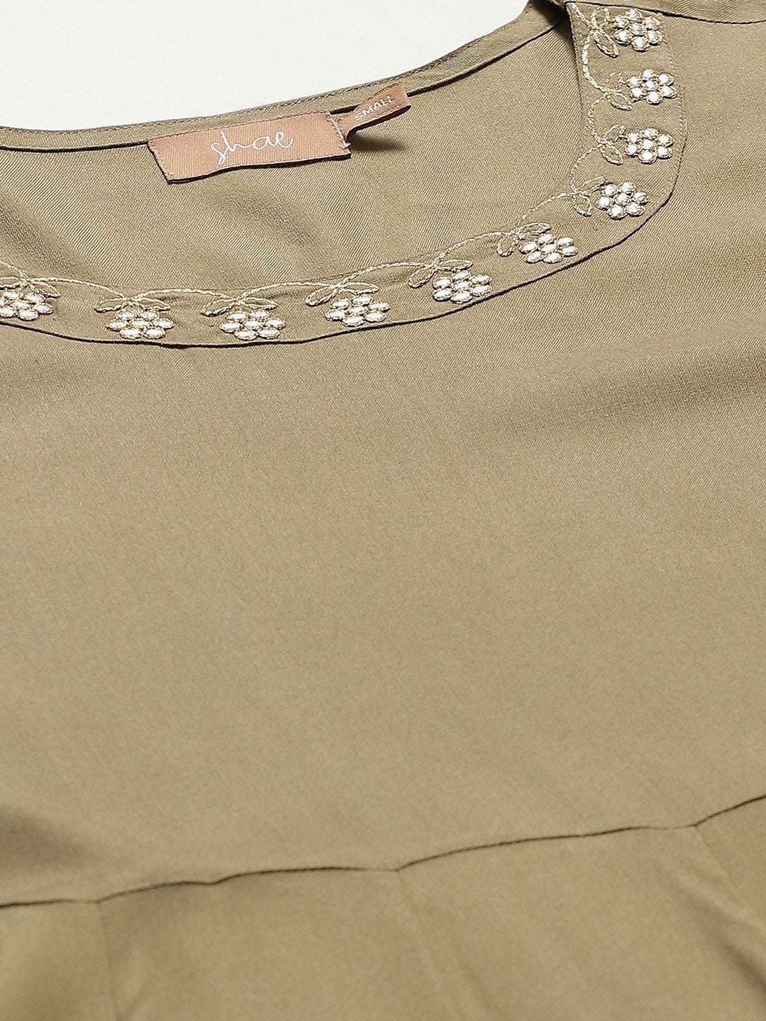 Women's Olive Zari Neck Embroidery Anarkali Kurta - SHAE