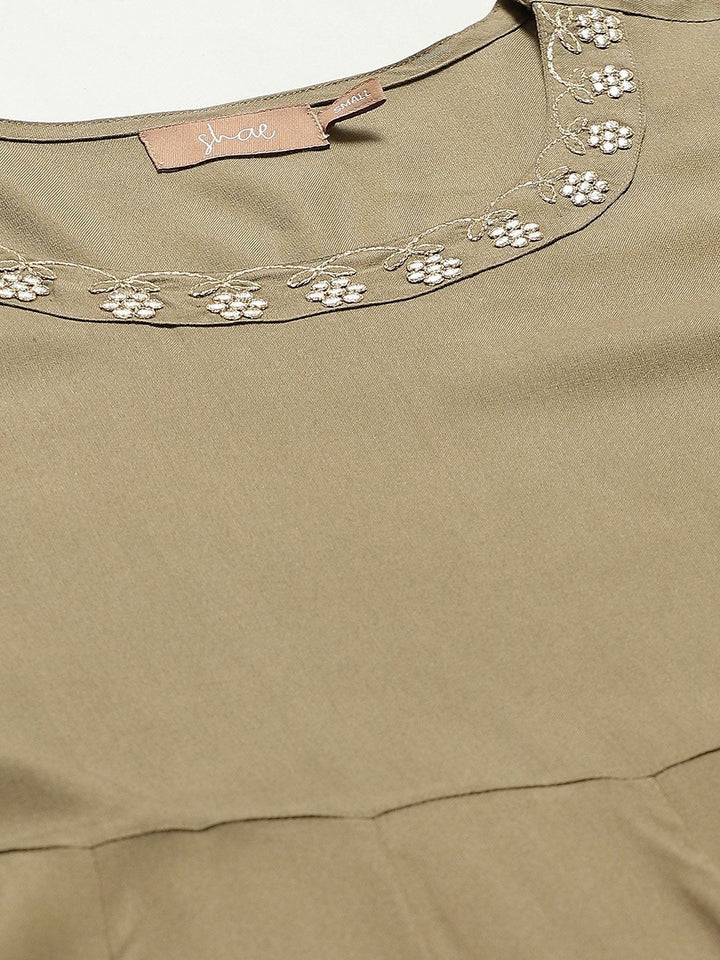 Women's Olive Zari Neck Embroidery Anarkali Kurta - SHAE