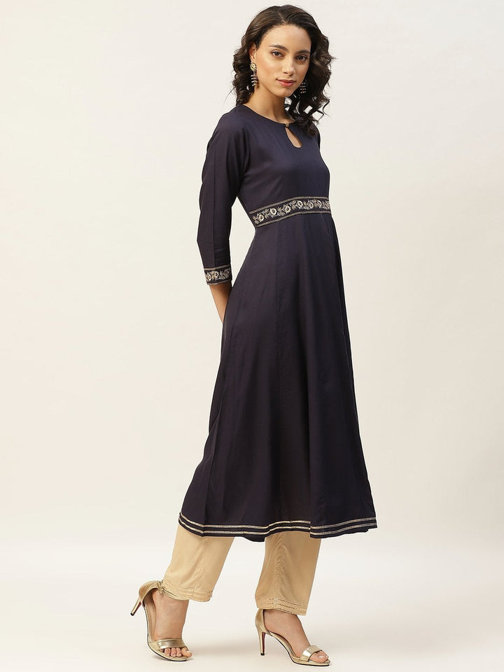Women's Navy Embroidered Waist Anarkali Kurta - SHAE