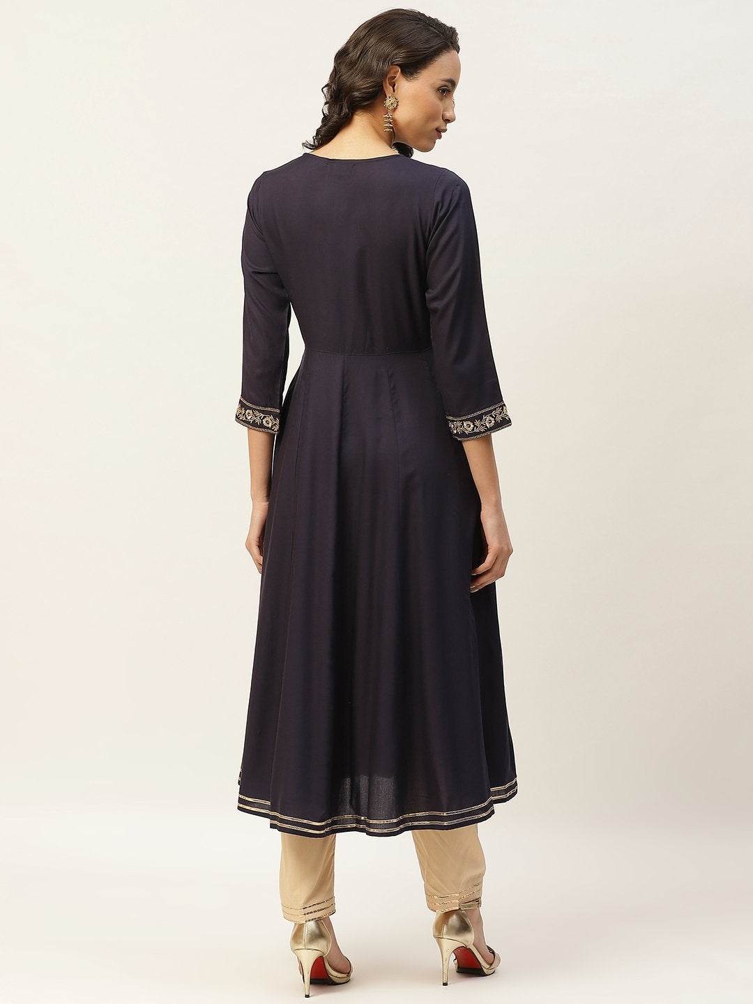 Women's Navy Embroidered Waist Anarkali Kurta - SHAE