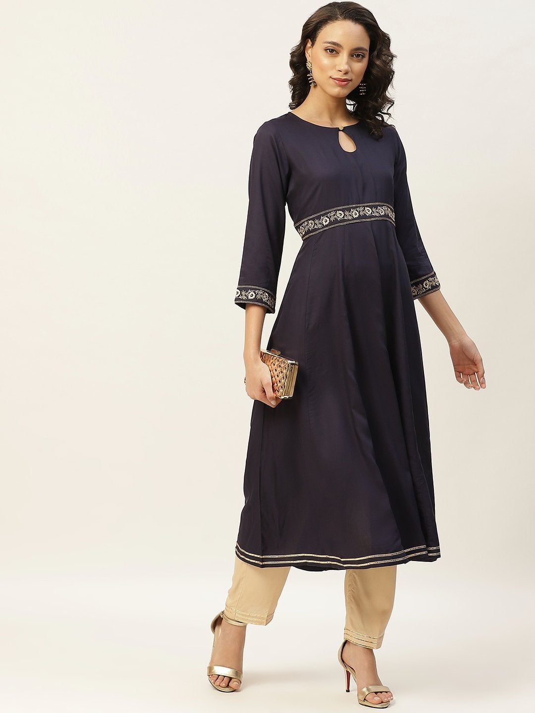 Women's Navy Embroidered Waist Anarkali Kurta - SHAE