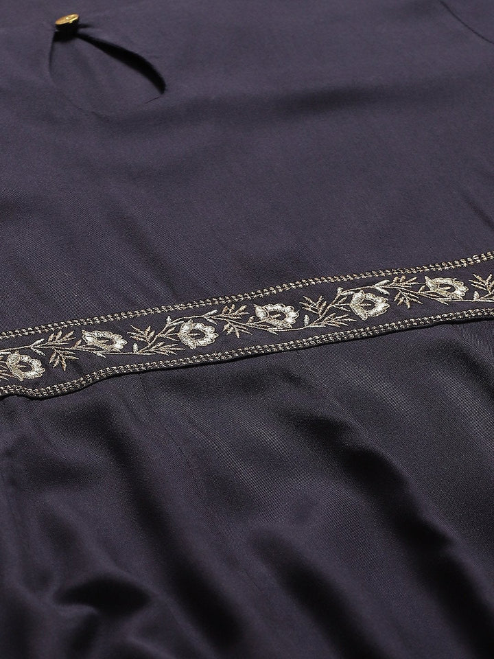 Women's Navy Embroidered Waist Anarkali Kurta - SHAE