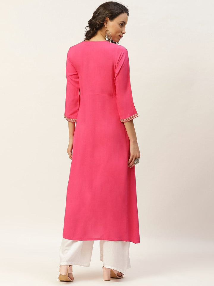 Women's Fuchsia Pocket Embroidered Gathered Kurta - SHAE