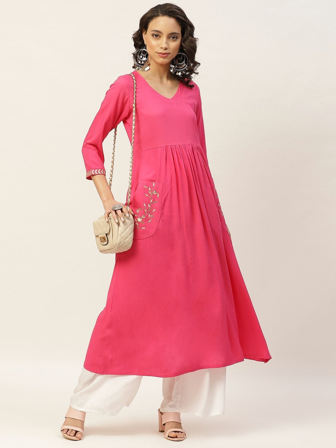 Women's Fuchsia Pocket Embroidered Gathered Kurta - SHAE