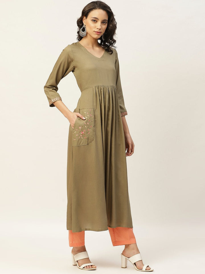 Women's Olive Pocket Embroidered Gathered Kurta - SHAE