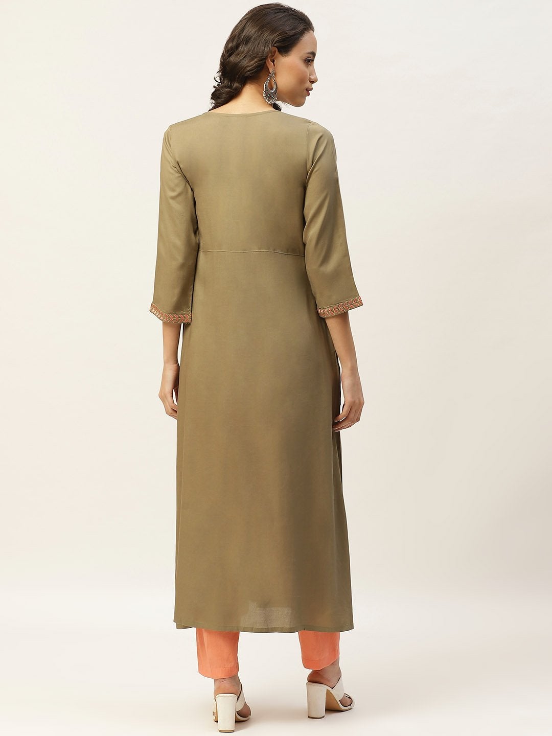 Women's Olive Pocket Embroidered Gathered Kurta - SHAE