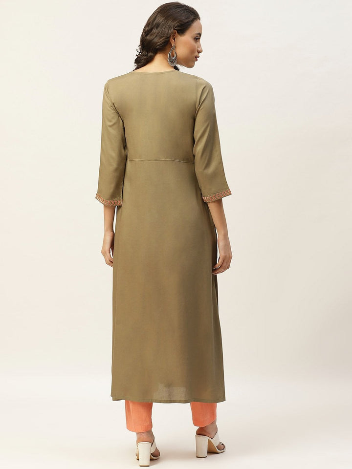Women's Olive Pocket Embroidered Gathered Kurta - SHAE