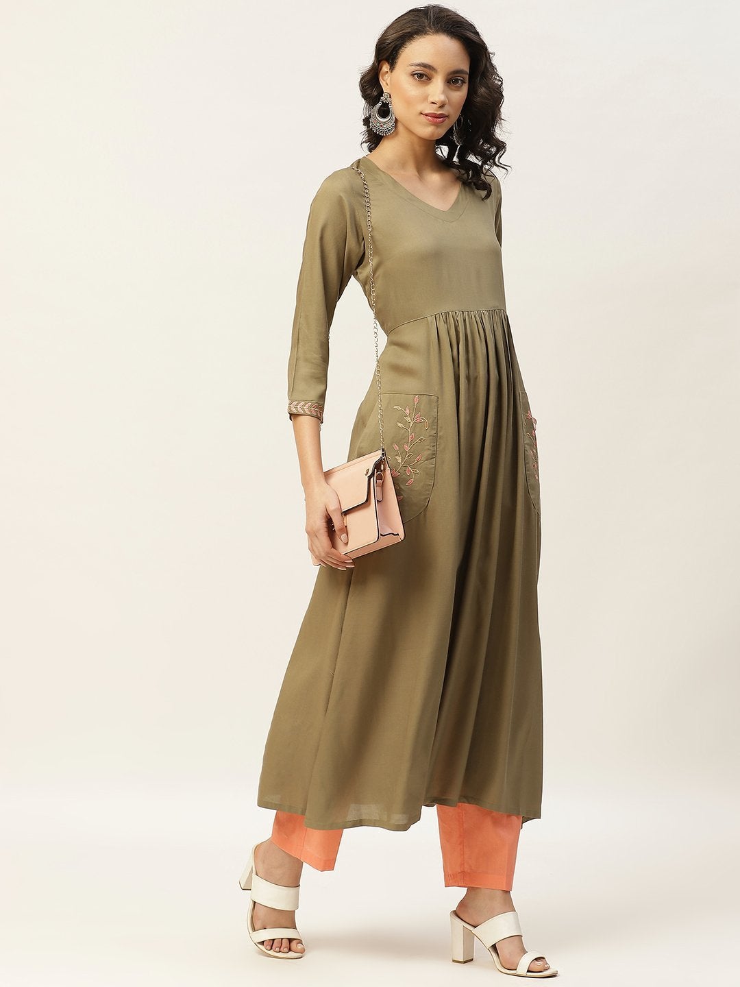 Women's Olive Pocket Embroidered Gathered Kurta - SHAE