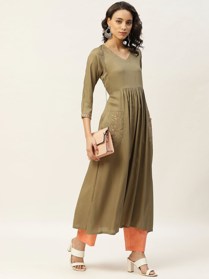 Women's Olive Pocket Embroidered Gathered Kurta - SHAE