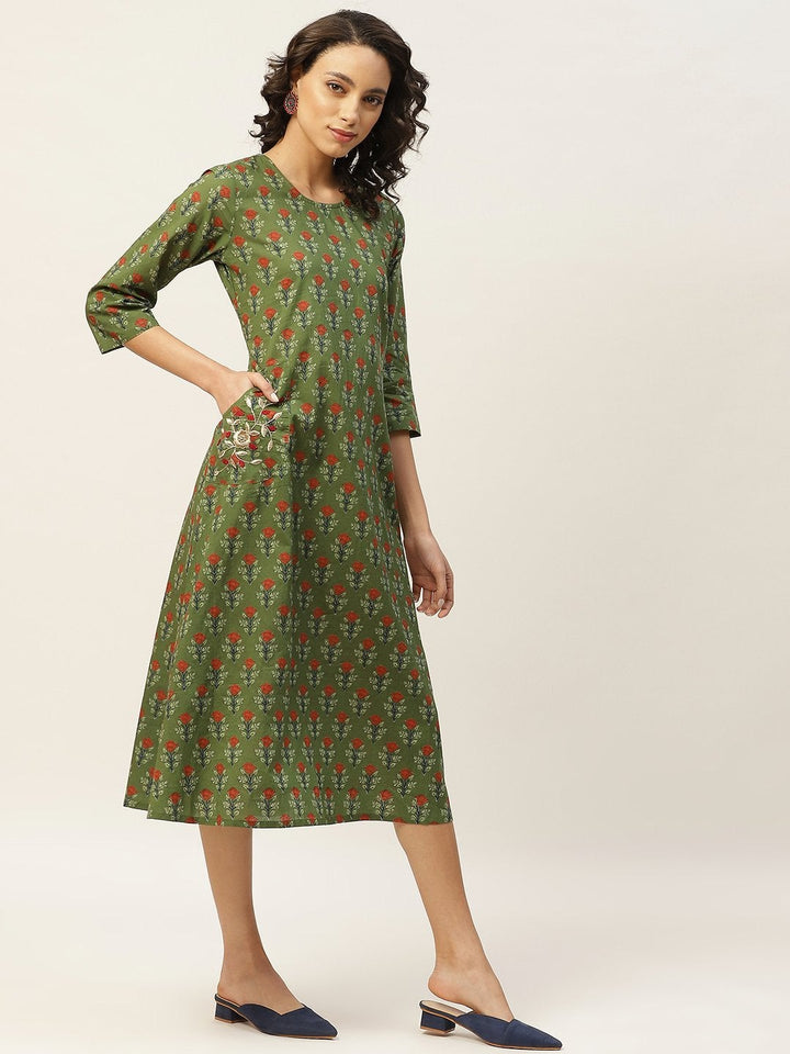 Women's Olive Floral Pocket Embroidery Kurta - SHAE