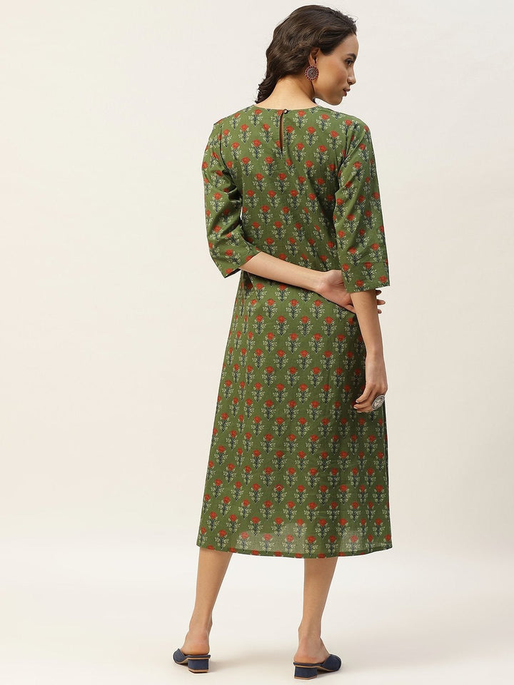 Women's Olive Floral Pocket Embroidery Kurta - SHAE