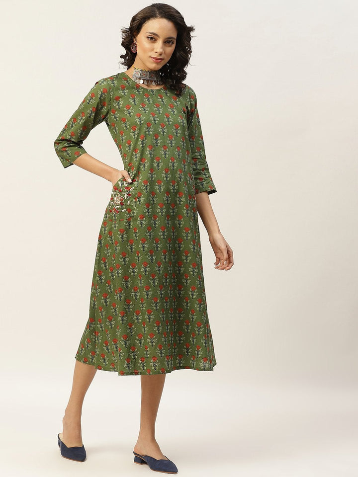 Women's Olive Floral Pocket Embroidery Kurta - SHAE