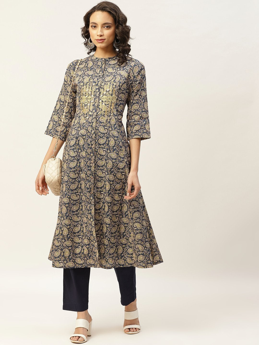 Women's Blue Paisely Zari Embroidery Front Open Kurta - SHAE