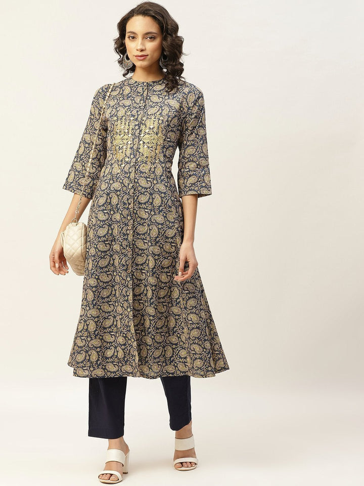 Women's Blue Paisely Zari Embroidery Front Open Kurta - SHAE