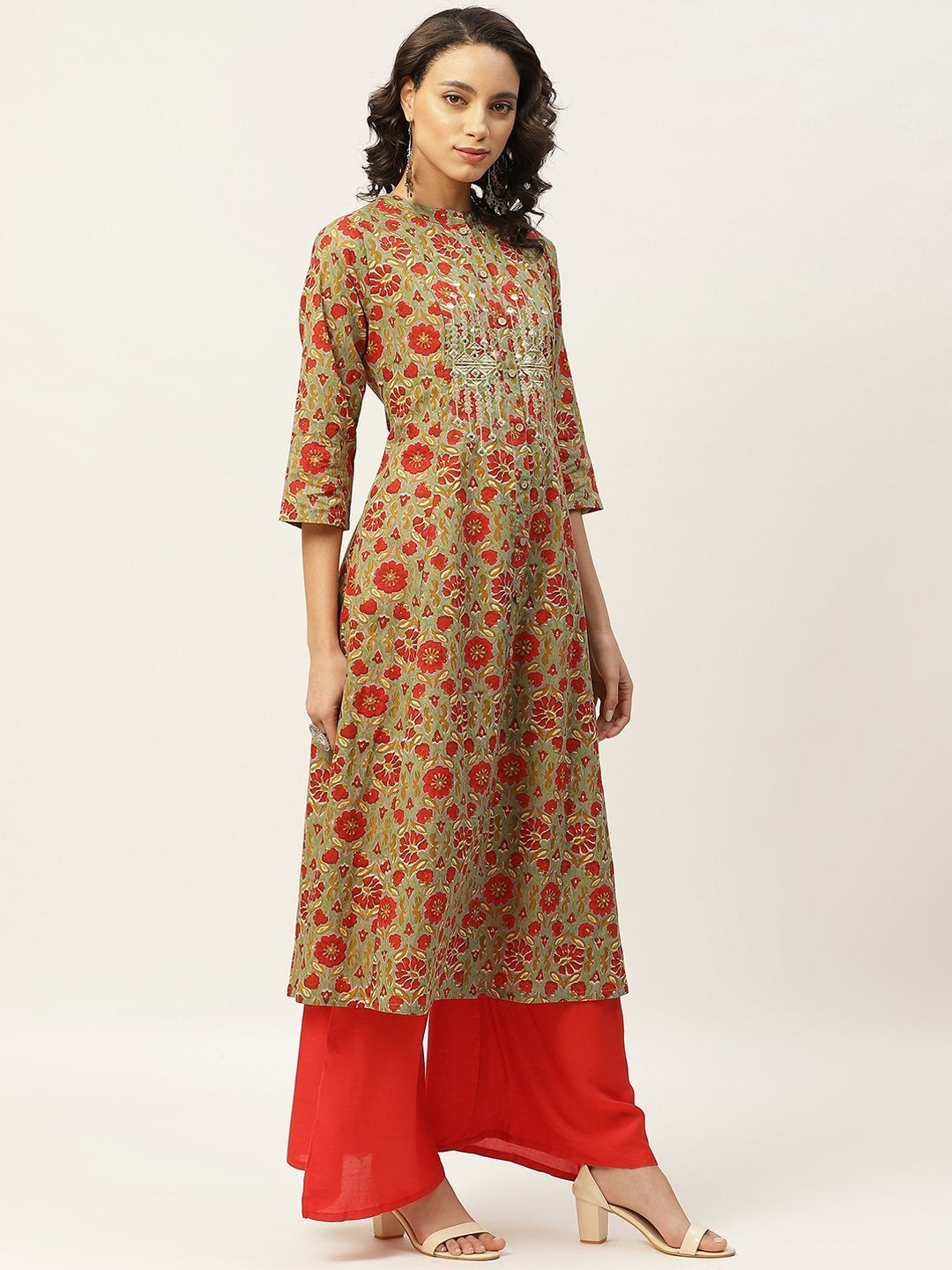 Women's Grey Floral Zari Embroidery Front Open Kurta - SHAE
