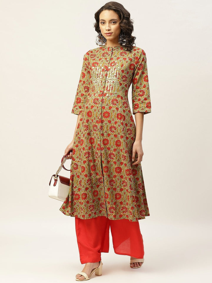 Women's Grey Floral Zari Embroidery Front Open Kurta - SHAE