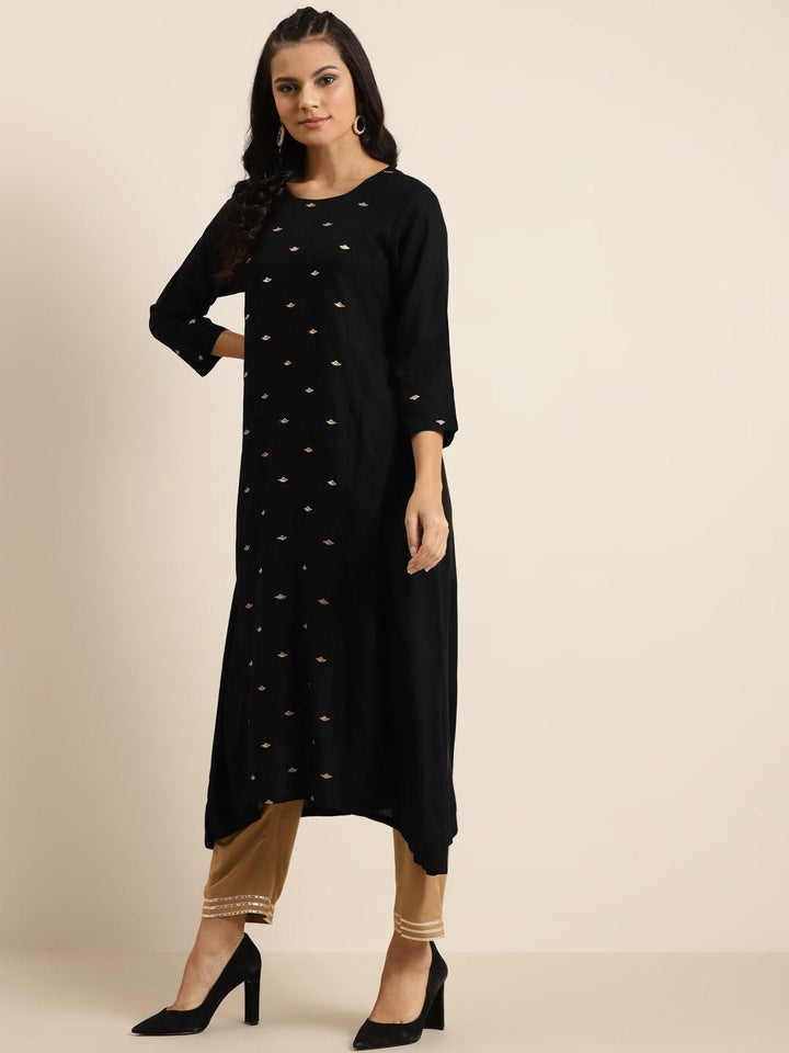 Women's Black A-Line Zari Embroidery Kurta - SHAE