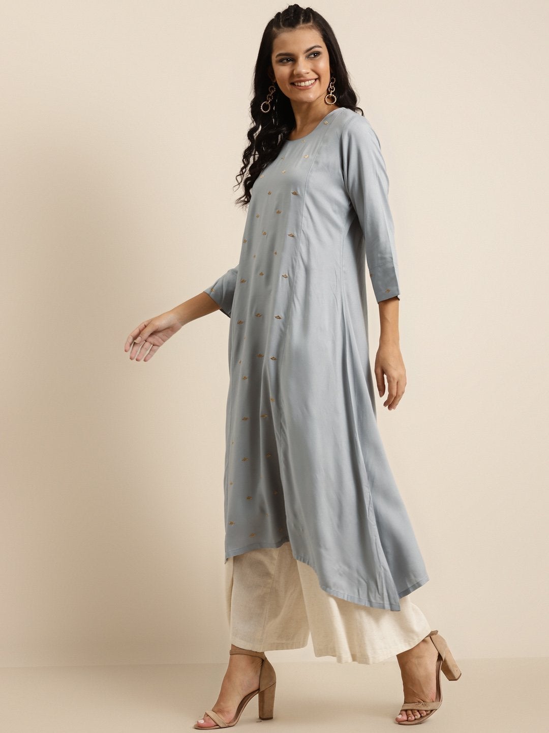 Women's Grey A-Line Zari Embroidery Kurta - SHAE