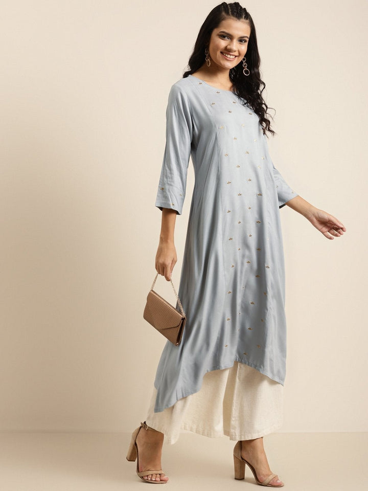 Women's Grey A-Line Zari Embroidery Kurta - SHAE