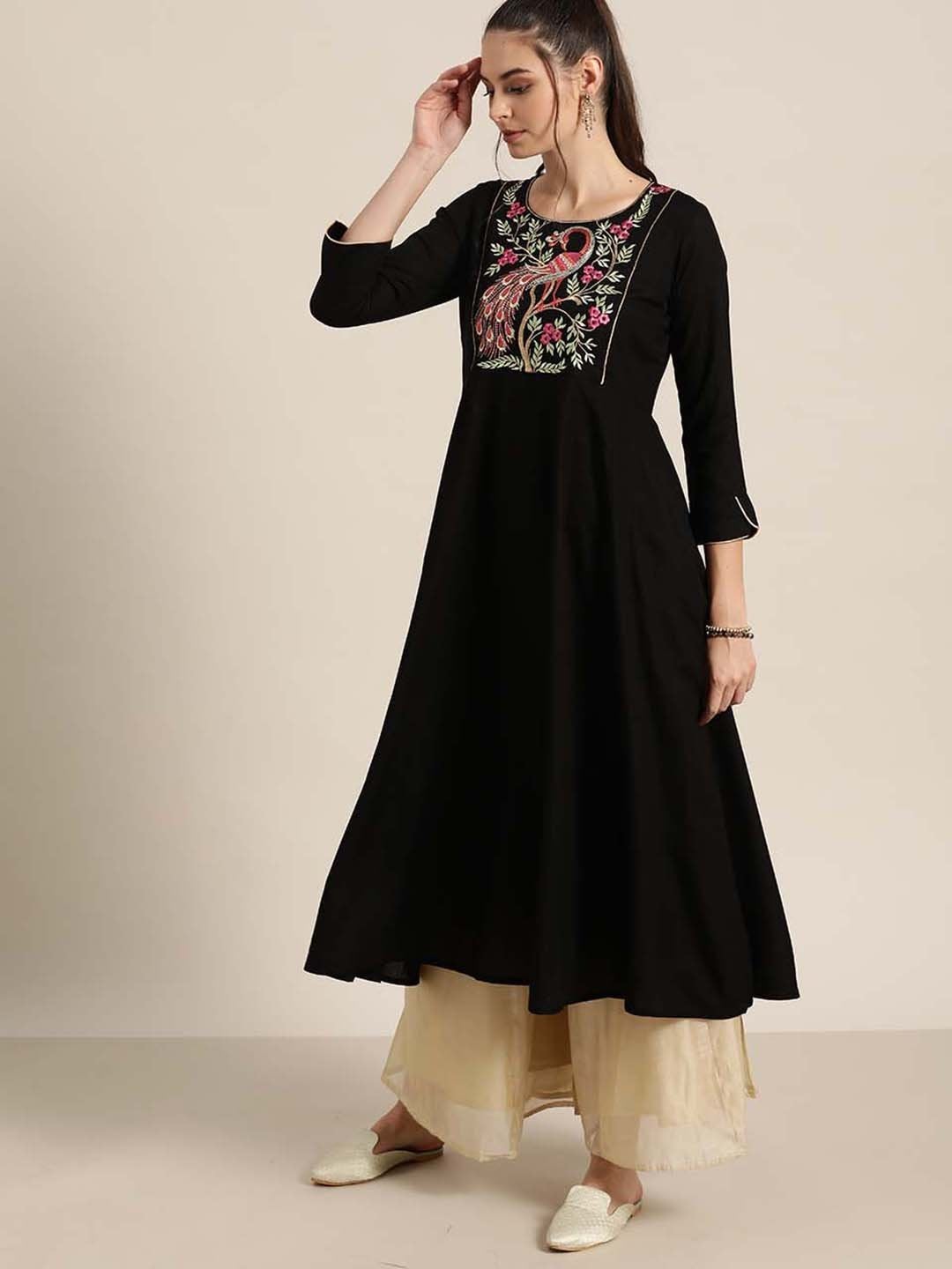 Women's Black Peacock Motif Embroidery Anarkali Kurta - SHAE