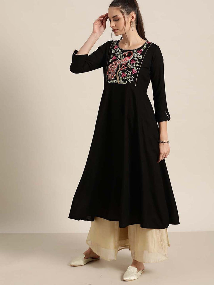 Women's Black Peacock Motif Embroidery Anarkali Kurta - SHAE