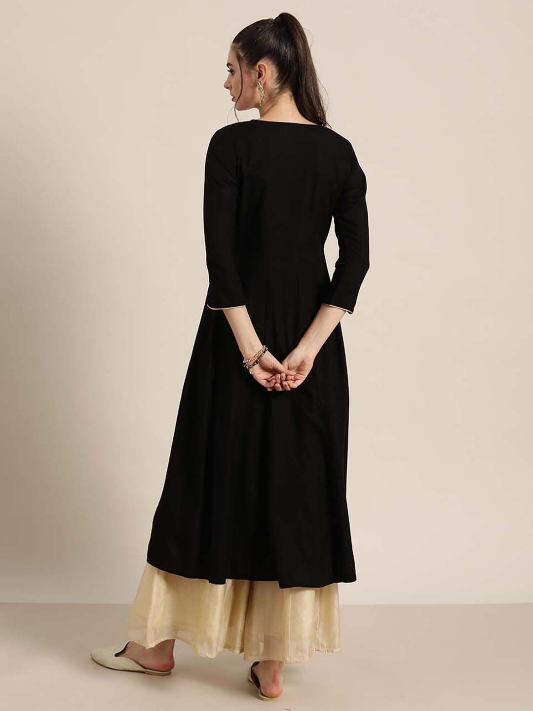 Women's Black Peacock Motif Embroidery Anarkali Kurta - SHAE