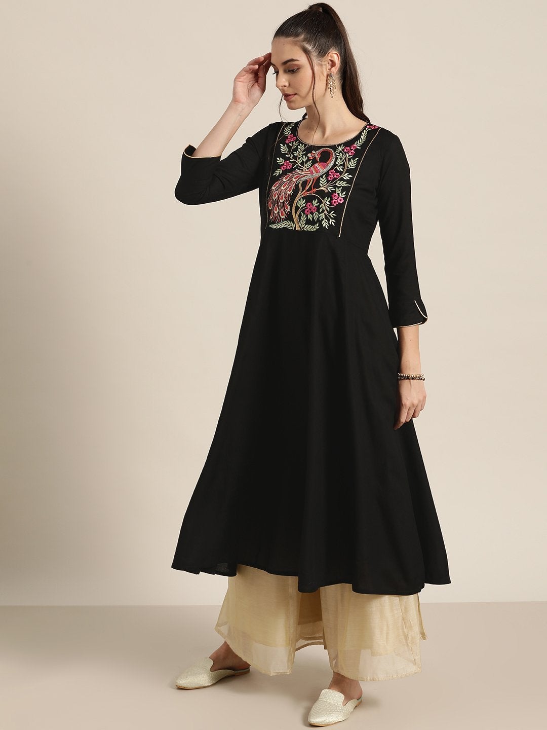 Women's Black Peacock Motif Embroidery Anarkali Kurta - SHAE