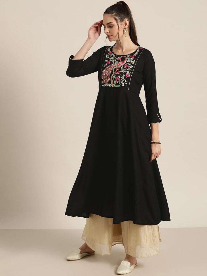 Women's Black Peacock Motif Embroidery Anarkali Kurta - SHAE