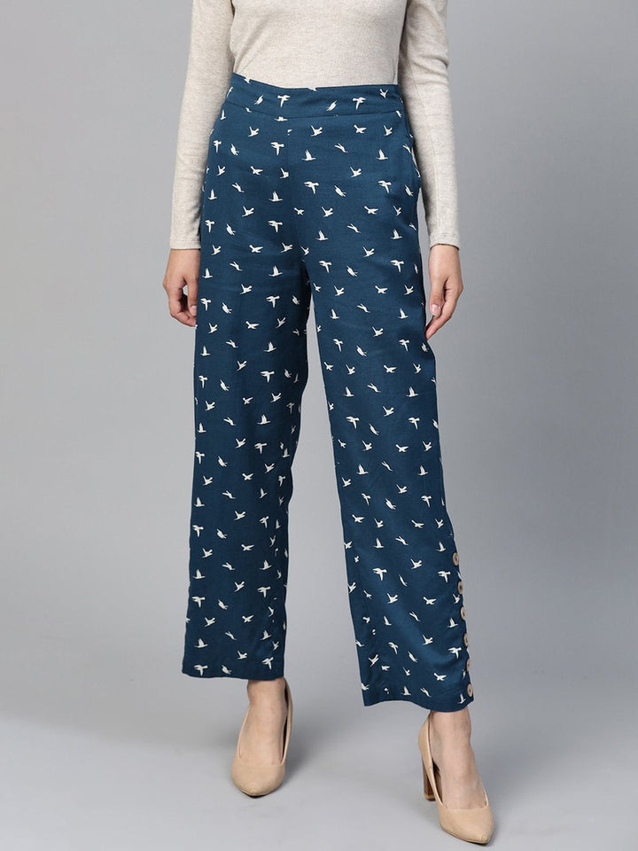 Women's Navy Bird Print Side Button Palazzo - SASSAFRAS