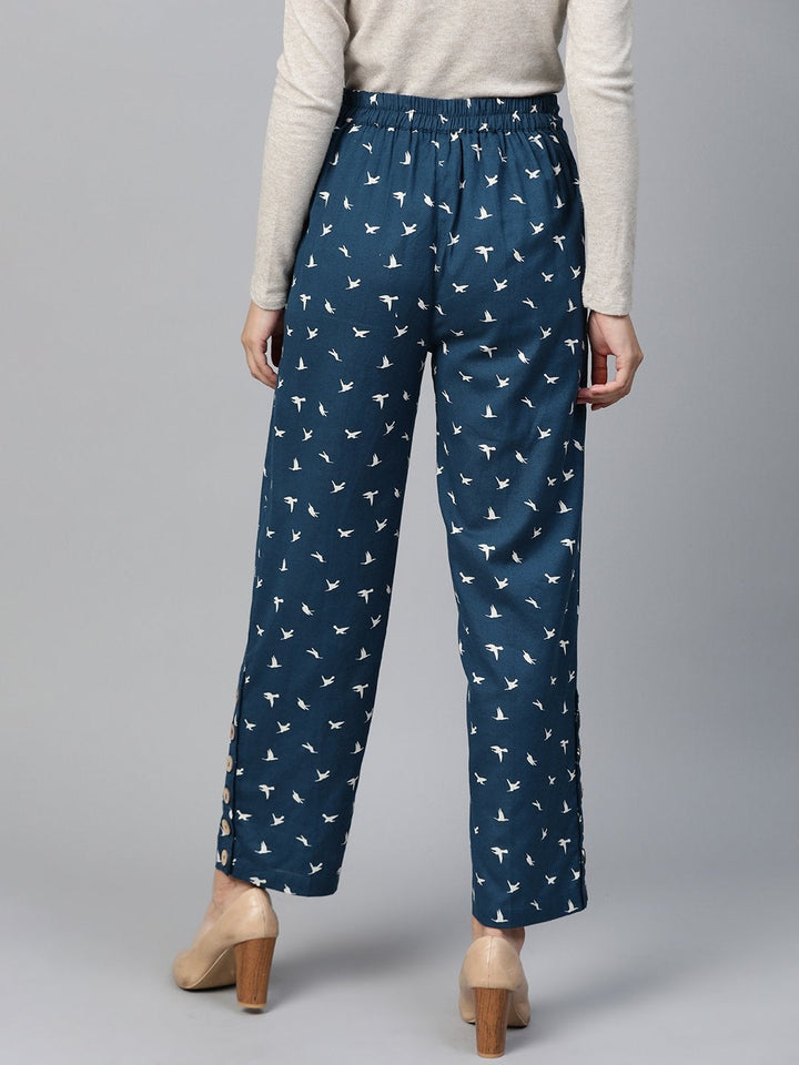 Women's Navy Bird Print Side Button Palazzo - SASSAFRAS
